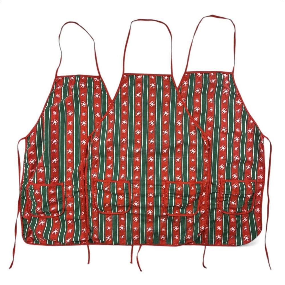 Kids Christmas Apron Baking Cookies Red Green Snowflake Pockets Set 3 **Read**
